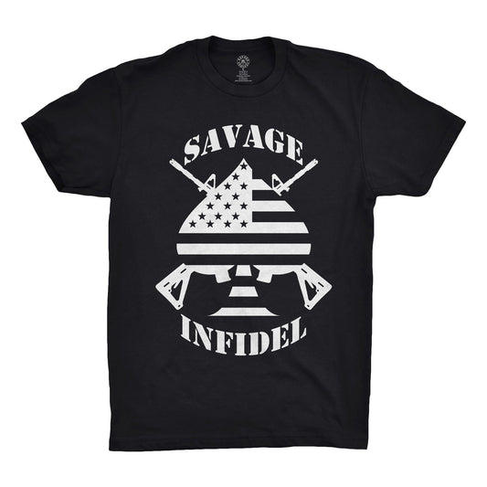 Black shirt with a white Savage Infidel Logo